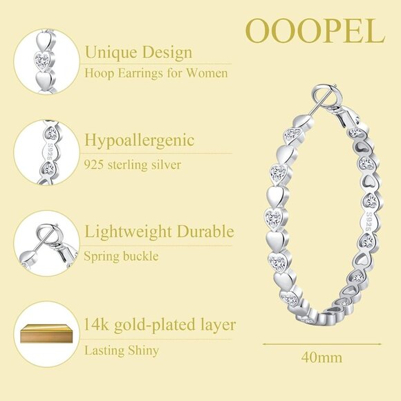 925 Silver-40mm Heart Cubic Zirconia Large Rhinestone Hoop Earrings for Womens - Picture 3 of 7